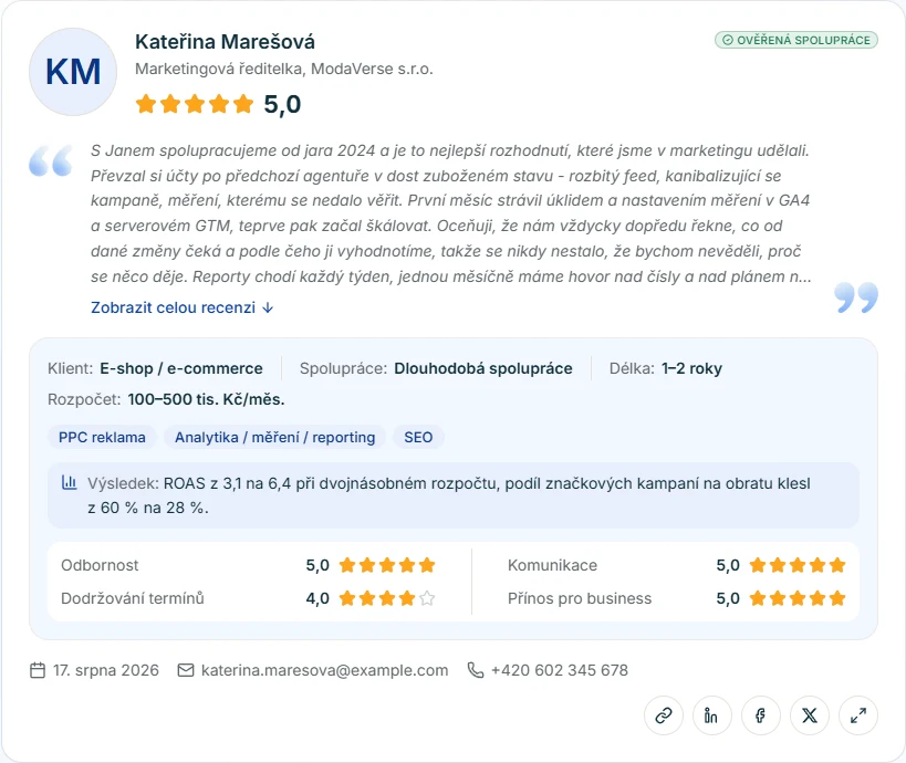 Ukázka recenze na DigiSpotu: hodnocení 5,0, štítek ověřená spolupráce, text od klientky, údaje o zakázce a dílčí hodnocení odbornosti, komunikace, termínů a přínosu pro business.